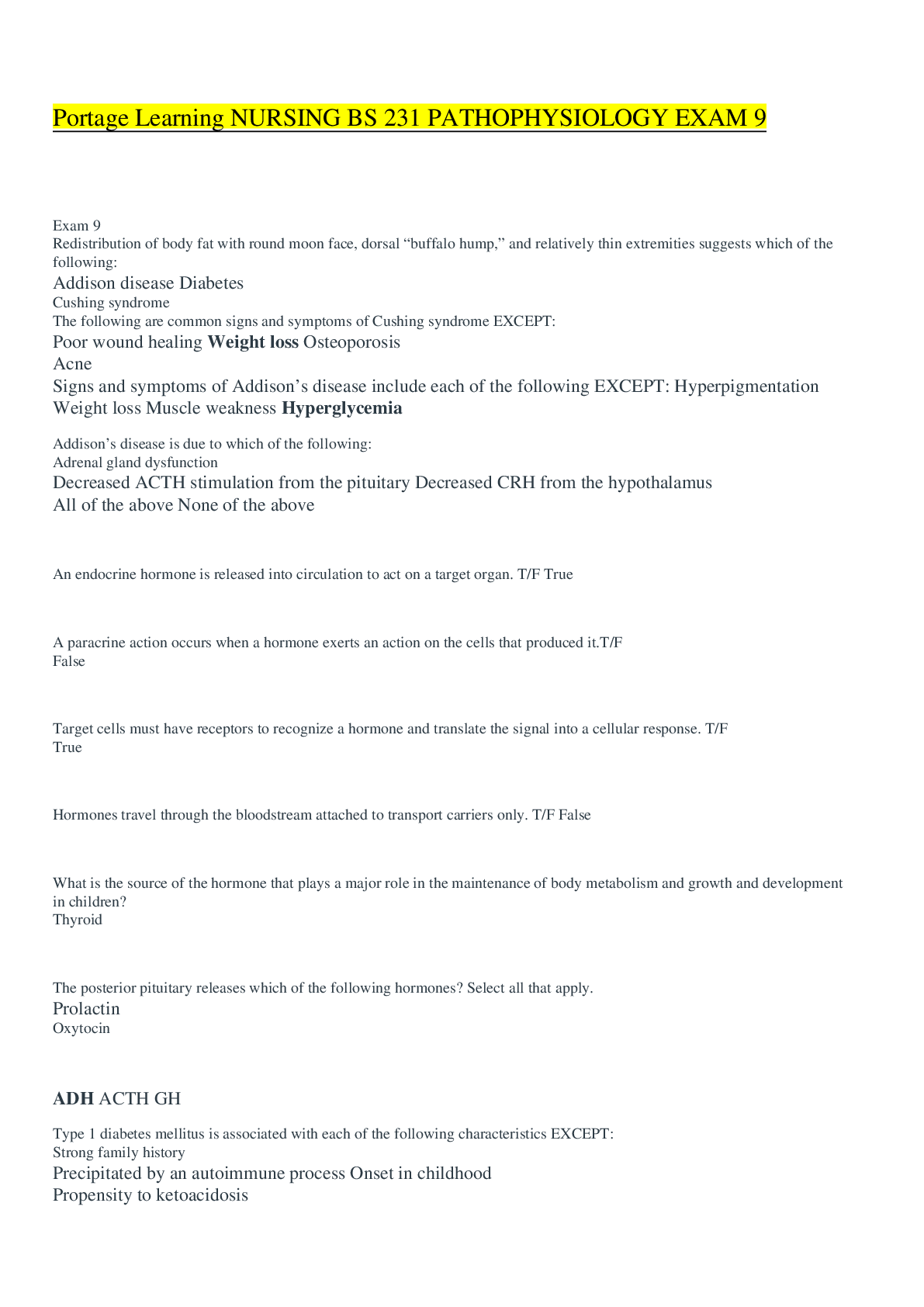 Preview image for Portage Learning NURSING BS 231 PATHOPHYSIOLOGY EXAM 9